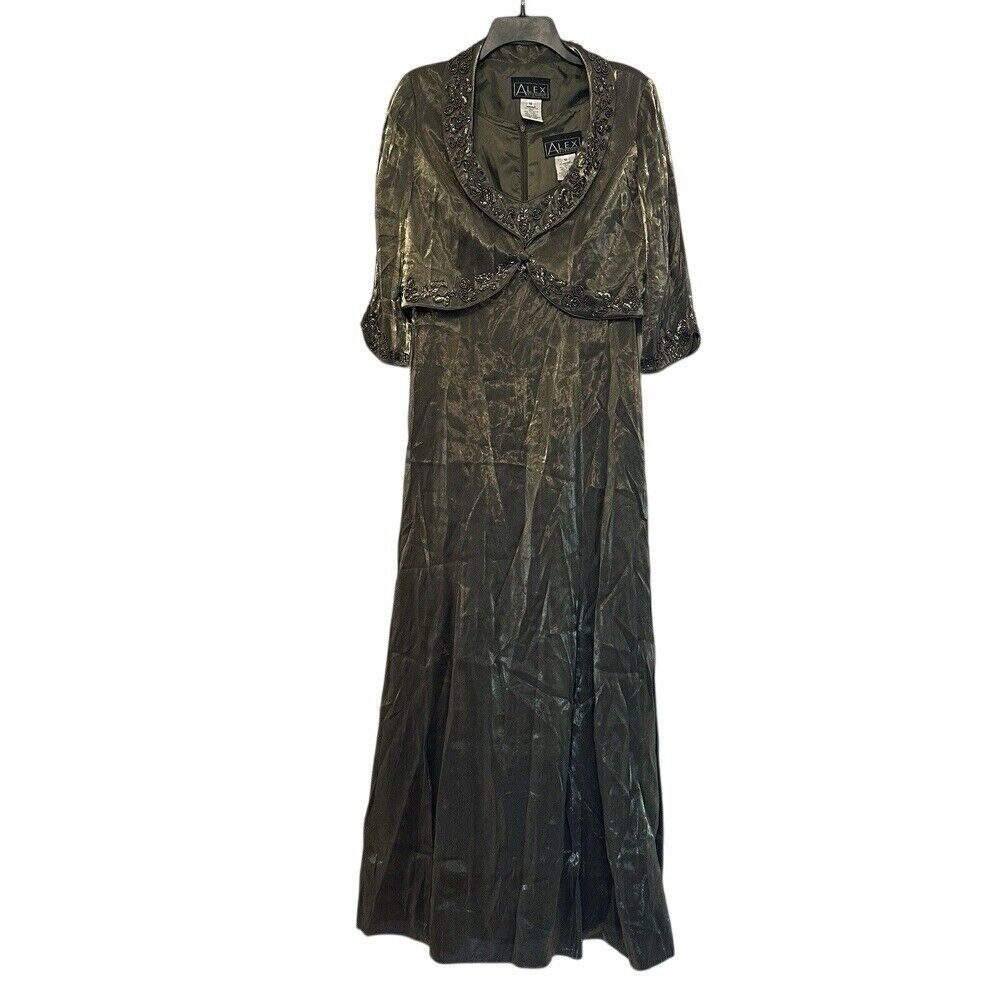 Alex Evenings Women's 10 Maxi Dress W/ Jacket Green Beaded Set‎ Formal Metallic